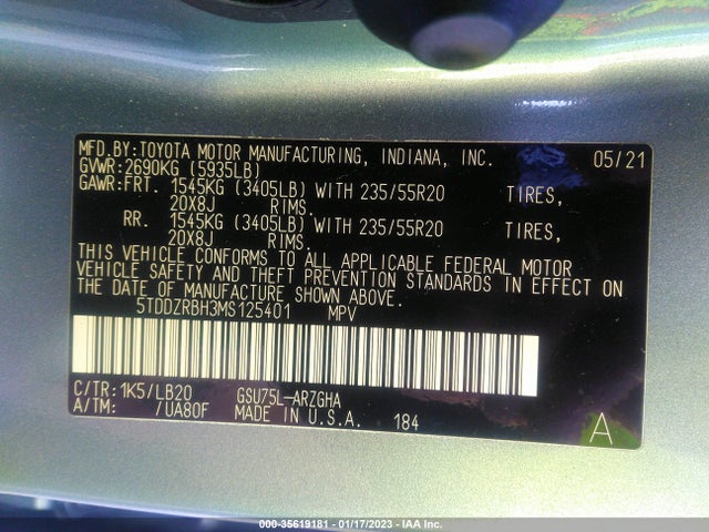 2021 TOYOTA HIGHLANDER LIMITED/PLATINUM VIN: 5TDDZRBH3MS125401