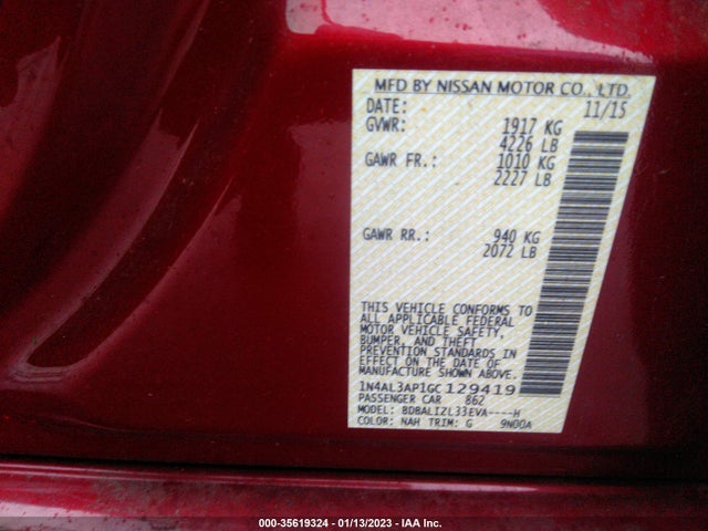 2016 NISSAN ALTIMA 2.5 SV VIN: 1N4AL3AP1GC129419