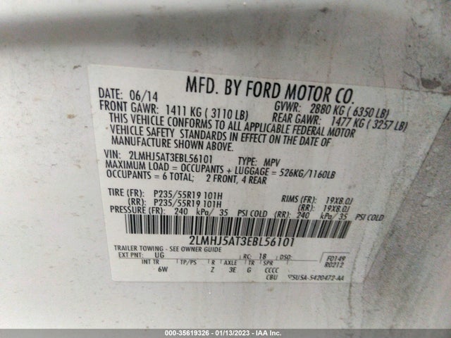 2014 LINCOLN MKT ECOBOOST VIN: 2LMHJ5AT3EBL56101