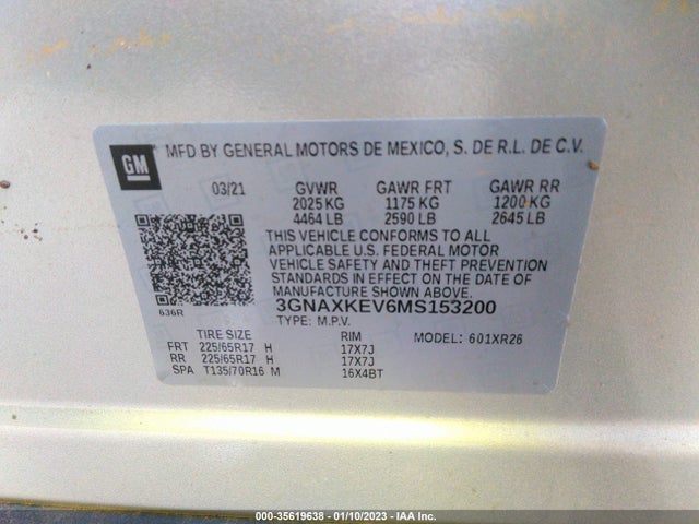 2021 CHEVROLET EQUINOX LT VIN: 3GNAXKEV6MS153200