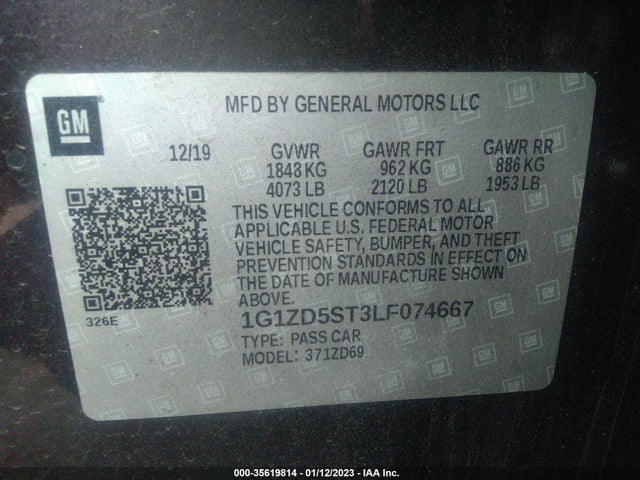 2020 CHEVROLET MALIBU LT VIN: 1G1ZD5ST3LF074667