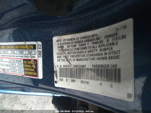 2011 HONDA CIVIC SDN LX VIN: 2HGFA1F5XBH533067