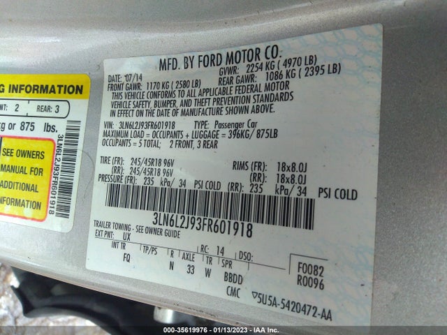 2015 LINCOLN MKZ VIN: 3LN6L2J93FR601918