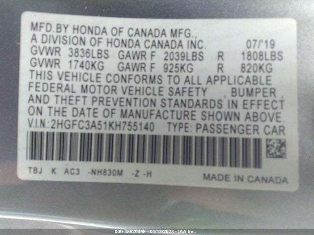 2019 HONDA CIVIC SI COUPE VIN: 2HGFC3A51KH755140