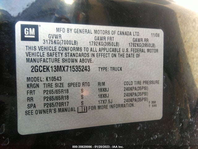 2007 CHEVROLET SILVERADO 1500 LT W/1LT VIN: 2GCEK13MX71535243
