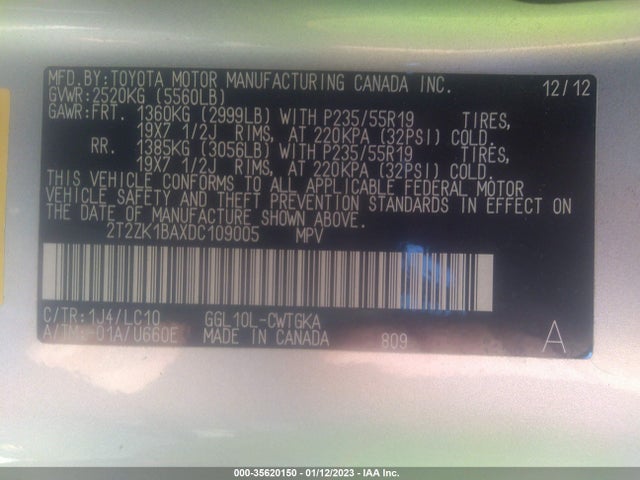 2T2ZK1BAXDC109005 Lexus RX 350