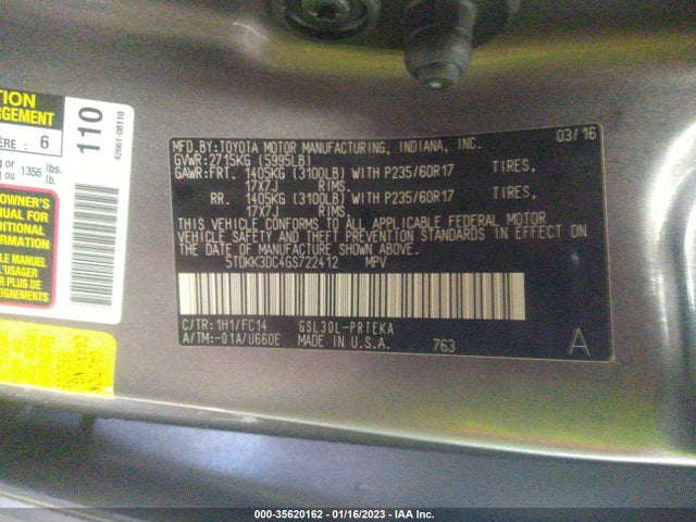 2016 Toyota Sienna, VIN: 5TDKK3DC4GS722412
