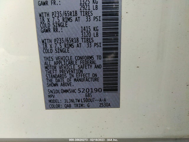 2017 Infiniti QX60, VIN: 5N1DL0MM5HC520190
