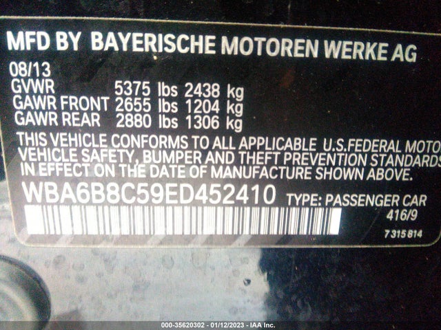 2014 BMW 6 Series, VIN: WBA6B8C59ED452410