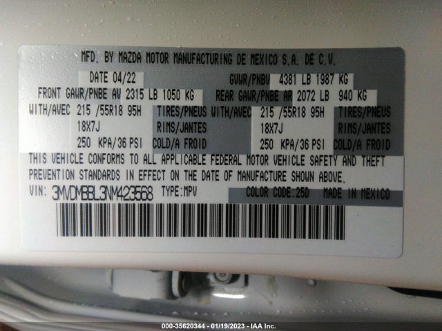 2022 MAZDA CX-30 2.5 S SELECT PACKAGE VIN: 3MVDMBBL3NM423568