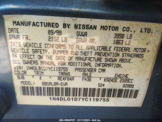 2000 NISSAN ALTIMA XE/GXE/SE/GLE VIN: 1N4DL01D7YC119755