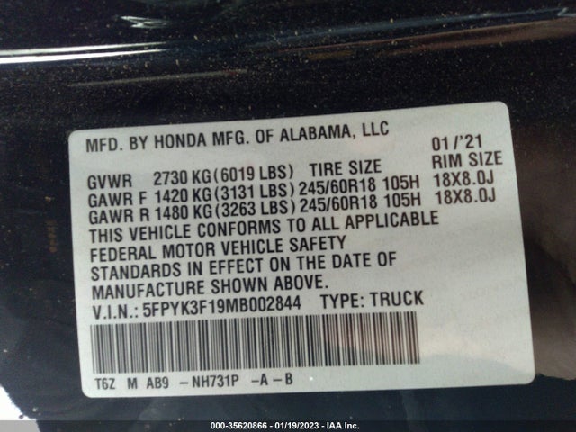 2021 HONDA RIDGELINE SPORT VIN: 5FPYK3F19MB002844