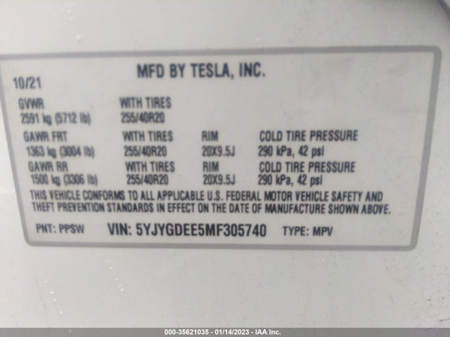 Tesla Model Y Long Range 2021 5YJYGDEE5MF305740 Image 9