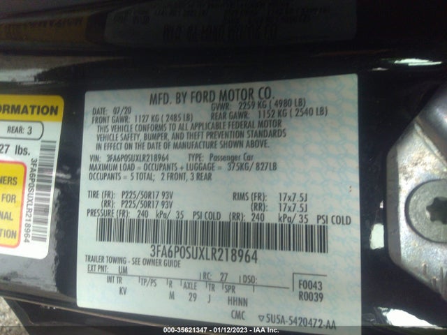 2020 Ford Fusion, VIN: 3FA6P0SUXLR218964