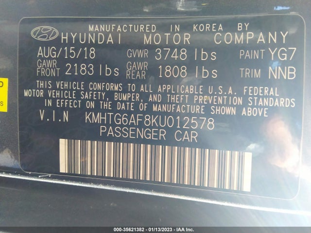 2019 HYUNDAI VELOSTER 2.0 VIN: KMHTG6AF8KU012578