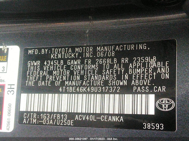 2009 TOYOTA CAMRY VIN: 4T1BE46K49U317372