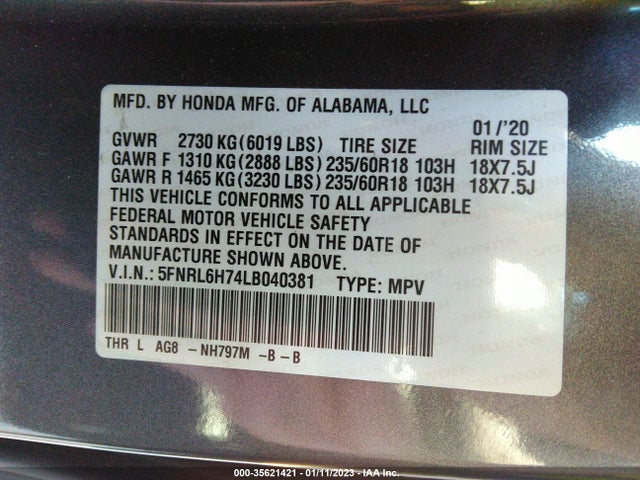 2020 Honda Odyssey, VIN: 5FNRL6H74LB040381