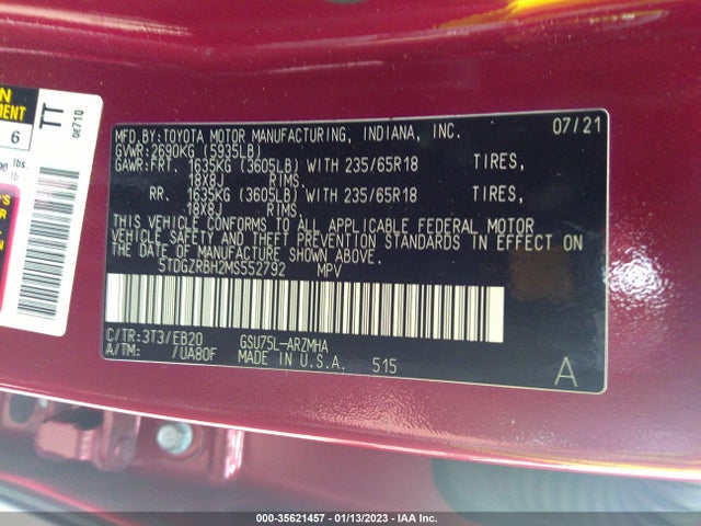 2021 Toyota Highlander, VIN: 5TDGZRBH2MS552792
