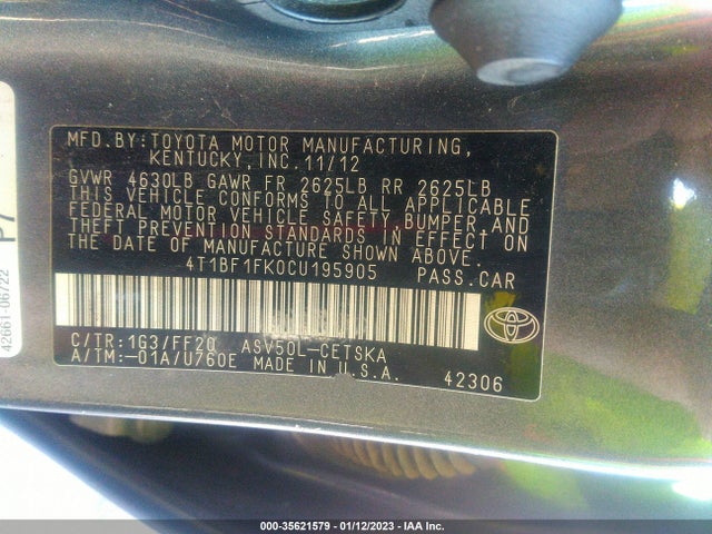 2012 TOYOTA CAMRY L/LE/SE/XLE VIN: 4T1BF1FK0CU195905