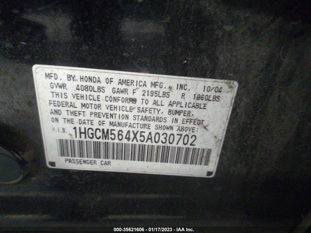 2005 HONDA ACCORD SDN LX VIN: 1HGCM564X5A030702