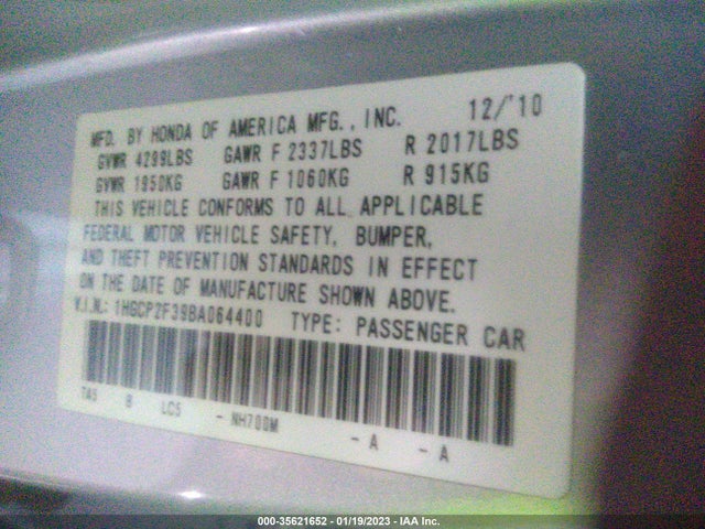 2011 HONDA ACCORD SDN LX VIN: 1HGCP2F39BA064400