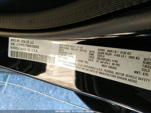 2022 Ram 1500, VIN: 1C6RREJT0NN169309