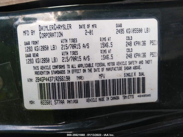 2001 DODGE GRAND CARAVAN SPORT VIN: 2B4GP44371R266190