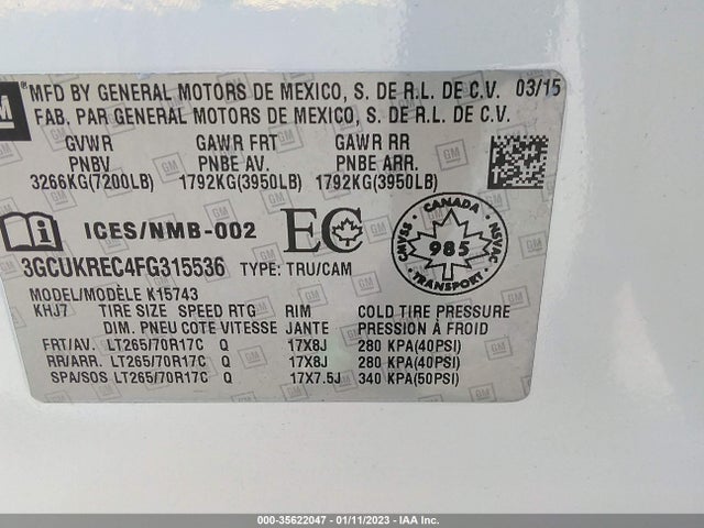 2015 CHEVROLET SILVERADO 1500 LT VIN: 3GCUKREC4FG315536