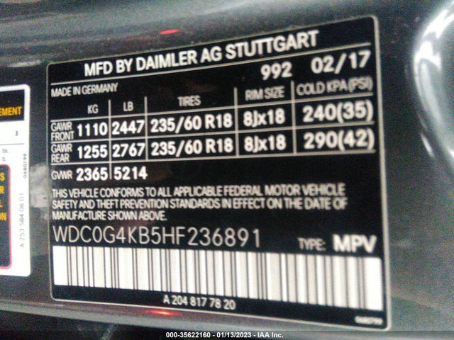 2017 Mercedes-Benz GLC-Class, VIN: WDC0G4KB5HF236891