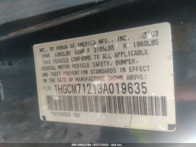 2003 HONDA ACCORD CPE LX VIN: 1HGCM71213A019635