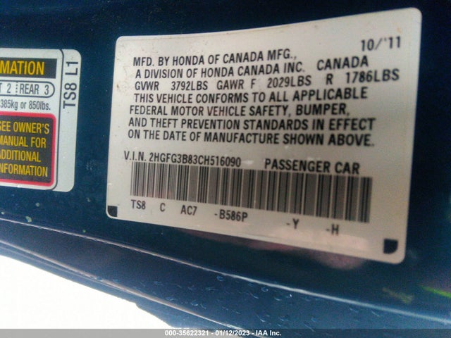 2012 HONDA CIVIC CPE EX VIN: 2HGFG3B83CH516090