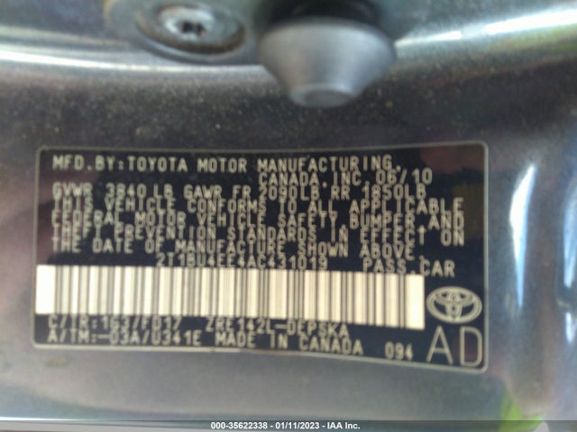 2010 TOYOTA COROLLA VIN: 2T1BU4EE4AC431019