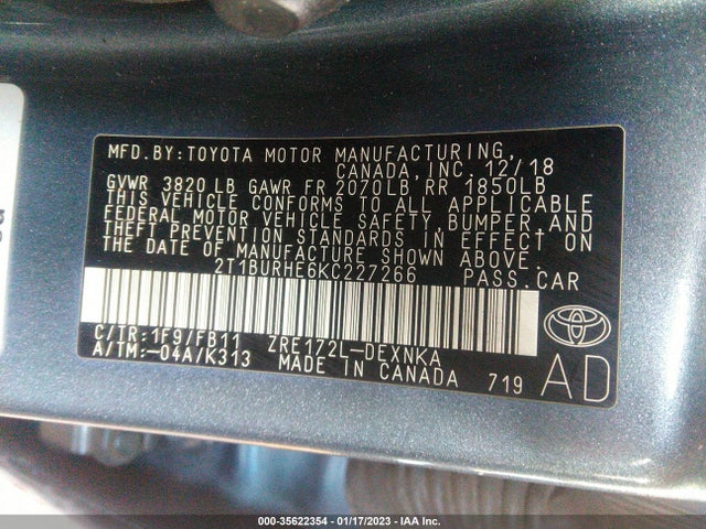2019 TOYOTA COROLLA L/LE/SE/XLE/XSE VIN: 2T1BURHE6KC227266