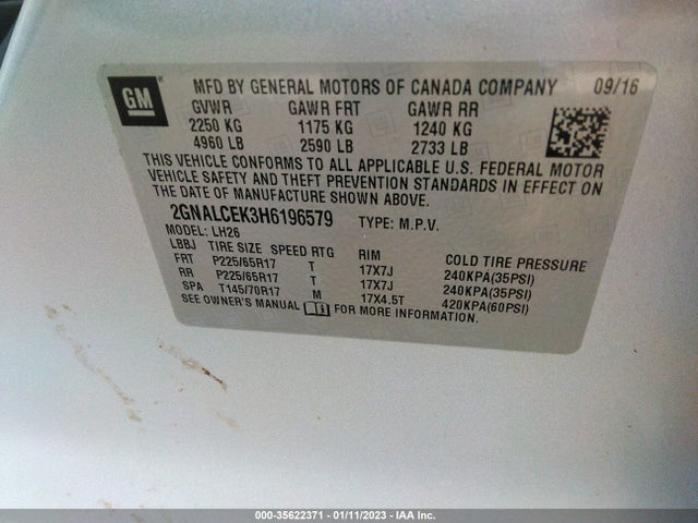 Chevrolet EQUINOX LT 2017 2GNALCEK3H6196579 Image 9