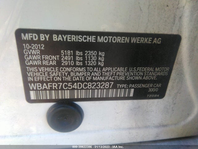2013 BMW 5 SERIES 535I VIN: WBAFR7C54DC823287