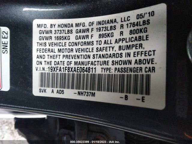 2010 HONDA CIVIC SDN EX VIN: 19XFA1F8XAE064811