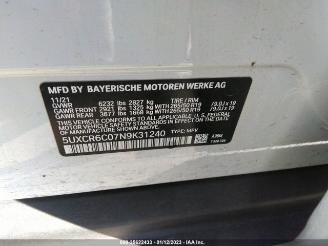 2022 BMW X5 XDRIVE40I VIN: 5UXCR6C07N9K31240
