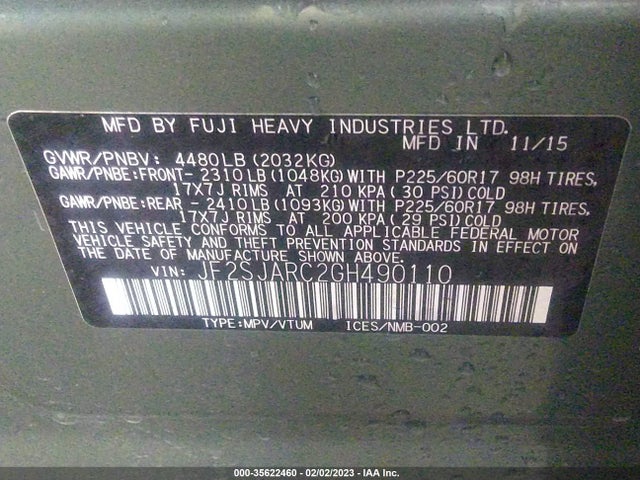 Subaru naturally aspirated u5 2016 JF2SJARC2GH490110 Image 26