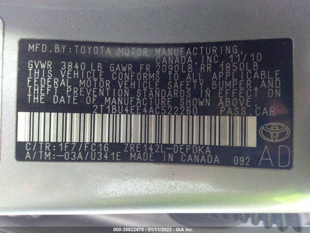 2010 TOYOTA COROLLA VIN: 2T1BU4EE4AC522260