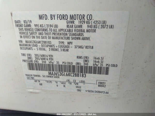 2019 FORD ECOSPORT SE VIN: MAJ6S3GL6KC288183