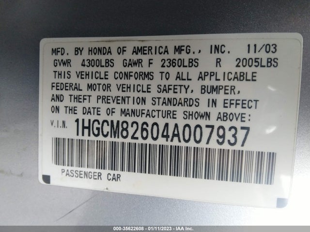 2004 HONDA ACCORD CPE EX VIN: 1HGCM82604A007937