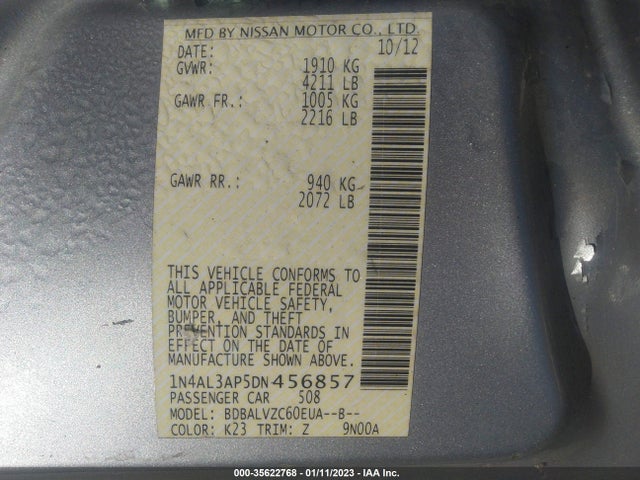 2013 NISSAN ALTIMA 2.5 SL VIN: 1N4AL3AP5DN456857