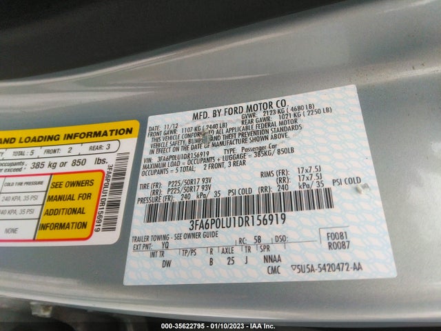 2013 FORD FUSION SE HYBRID VIN: 3FA6P0LU1DR156919
