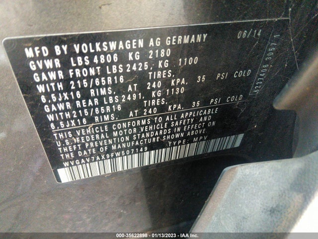 Volkswagen TIGUAN S 2015 WVGAV7AX9FW507149 Image 9