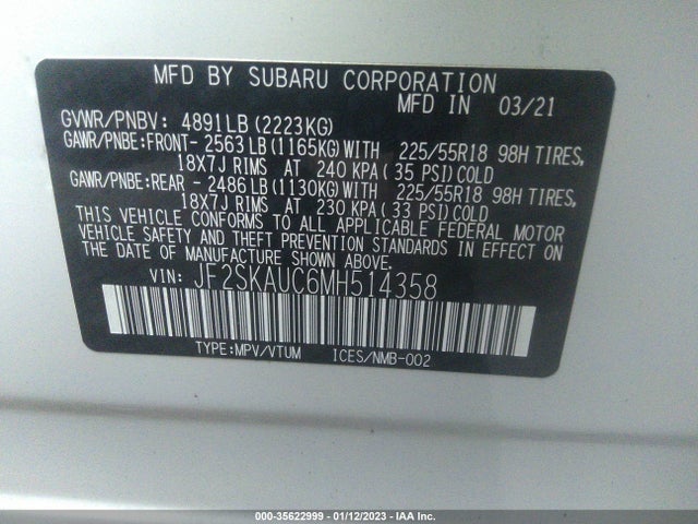 2021 Subaru Forester, VIN: JF2SKAUC6MH514358