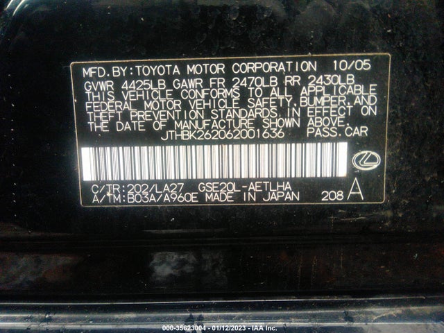 JTHBK262062001636 Lexus Is 250 Auto