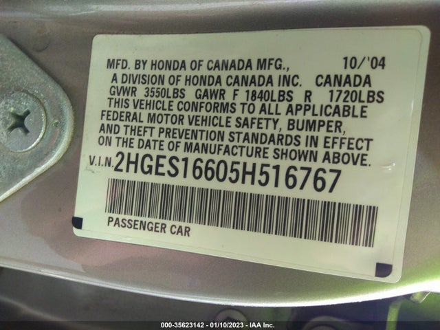 2005 HONDA CIVIC SDN LX SSRS VIN: 2HGES16605H516767