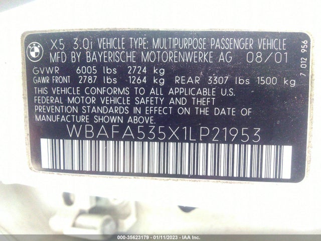 2001 BMW X5 3.0I VIN: WBAFA535X1LP21953