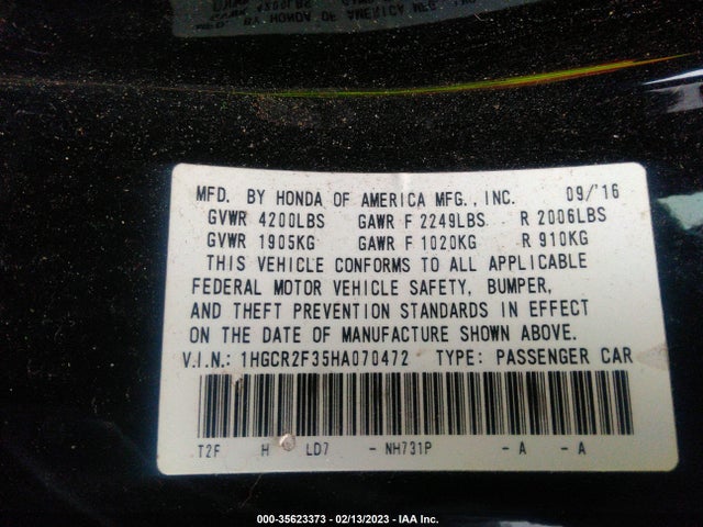 Honda ACCORD LX 2017 1HGCR2F35HA070472 Image 9