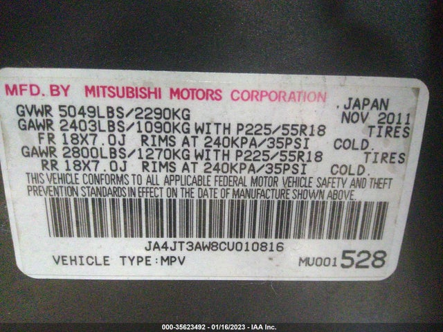 2012 MITSUBISHI OUTLANDER SE VIN: JA4JT3AW8CU010816